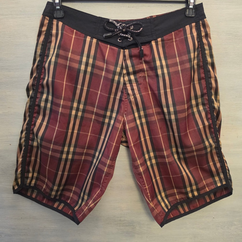 Burberry‎ London Burgundy Black Tan Plaid Tie Waist Board Shorts Size Medium GC